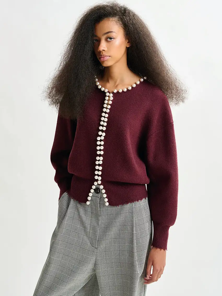 Cardigan in Maglia con Perline Bordeaux