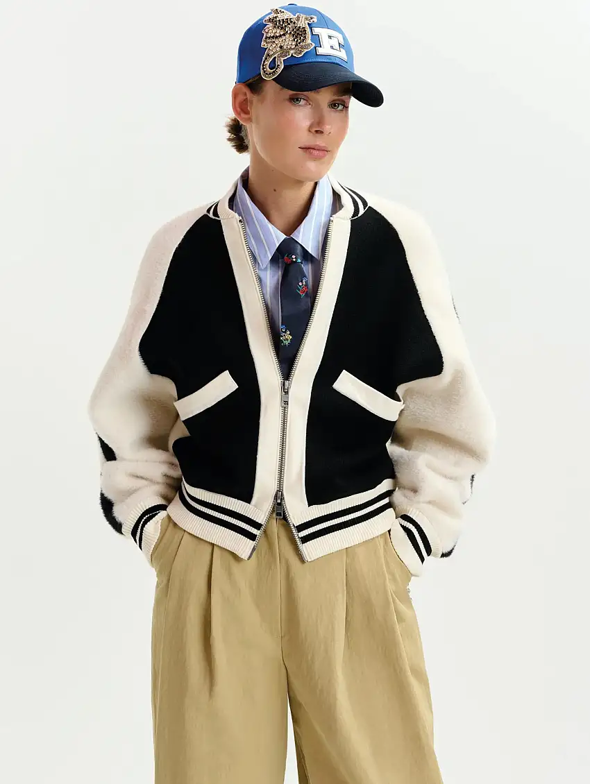 Bomber in Maglia con Pannello in Eco Pelliccia Nero