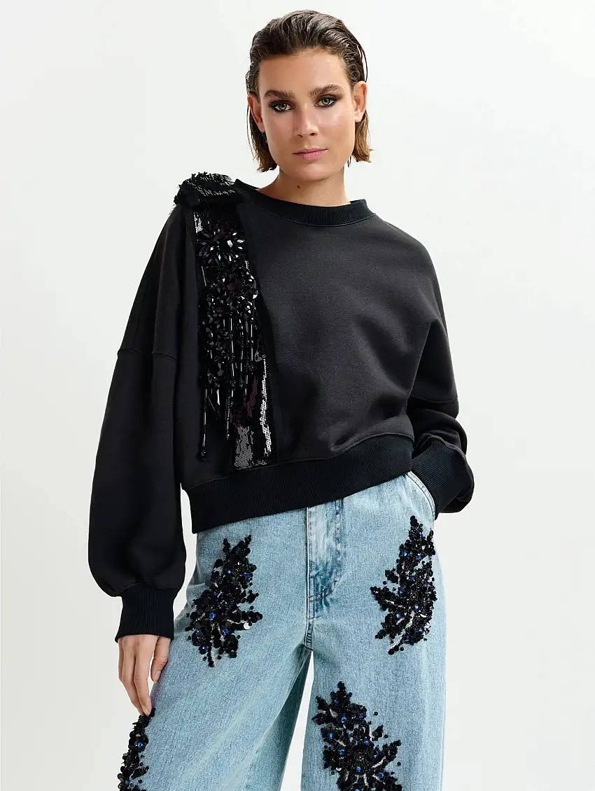 Felpa con Paillettes e Pietre Nera