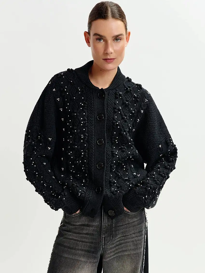 Cardigan con Applicazioni Floreali e Strass Nero