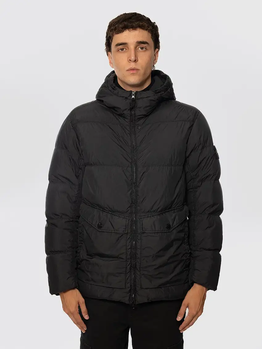 Piumino con Cappuccio in Reps di Nylon Nero