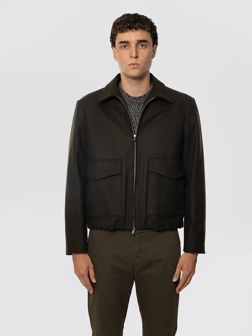 Bomber in Lana con Tasche Applicate Verde Militare