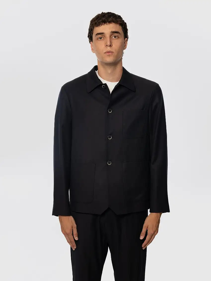 Overshirt in Flanella di Lana Vergine Blu