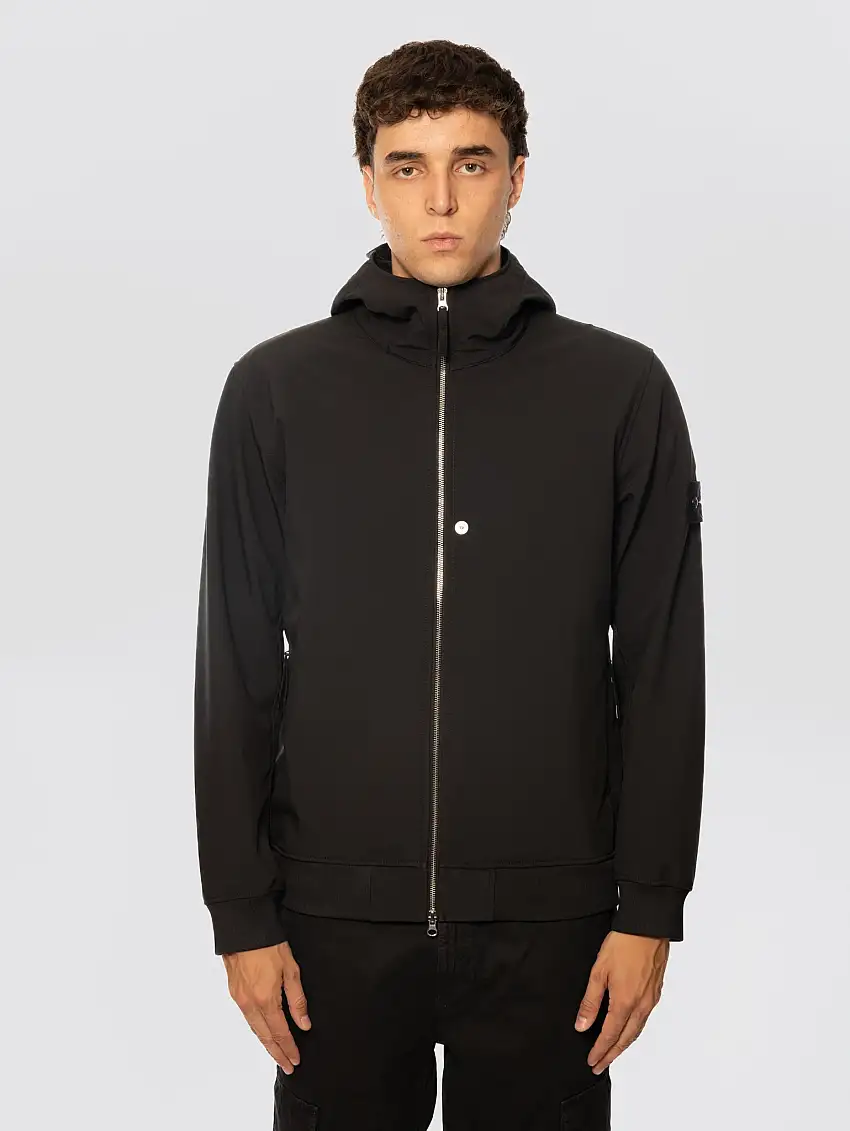Giacca con Cappuccio in Materiale Tecnico Nero