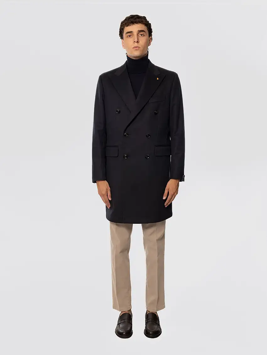 Cappotto Doppio Petto in Misto Lana e Cashmere Blu