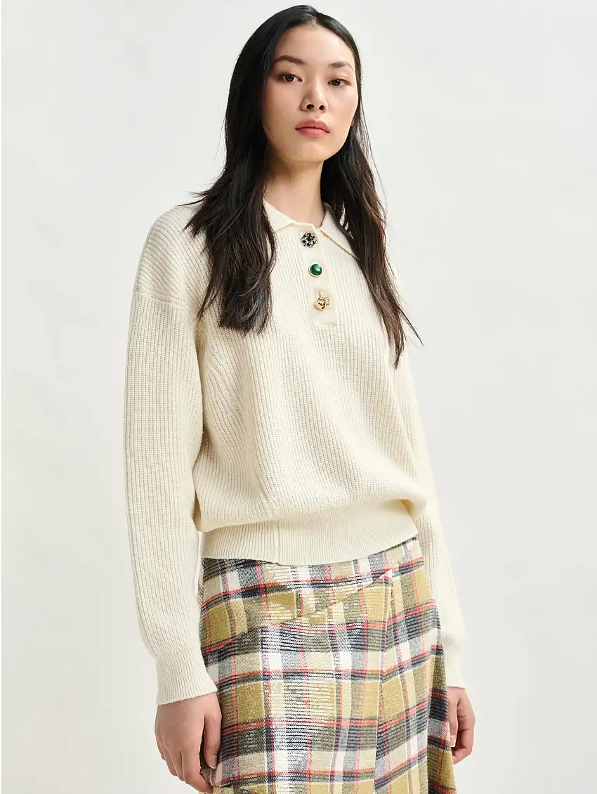 Polo a Costine con Bottoni Gioiello Bianco