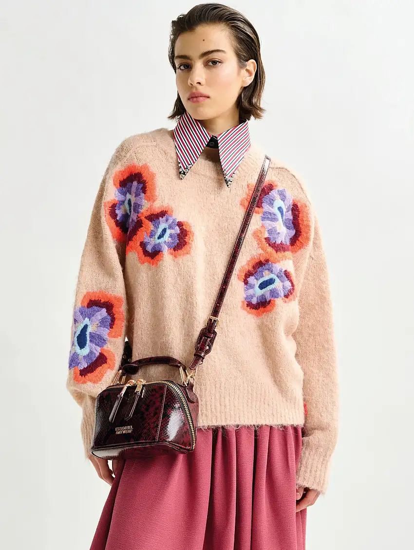 Maglione Jacquard in Misto Mohair Beige