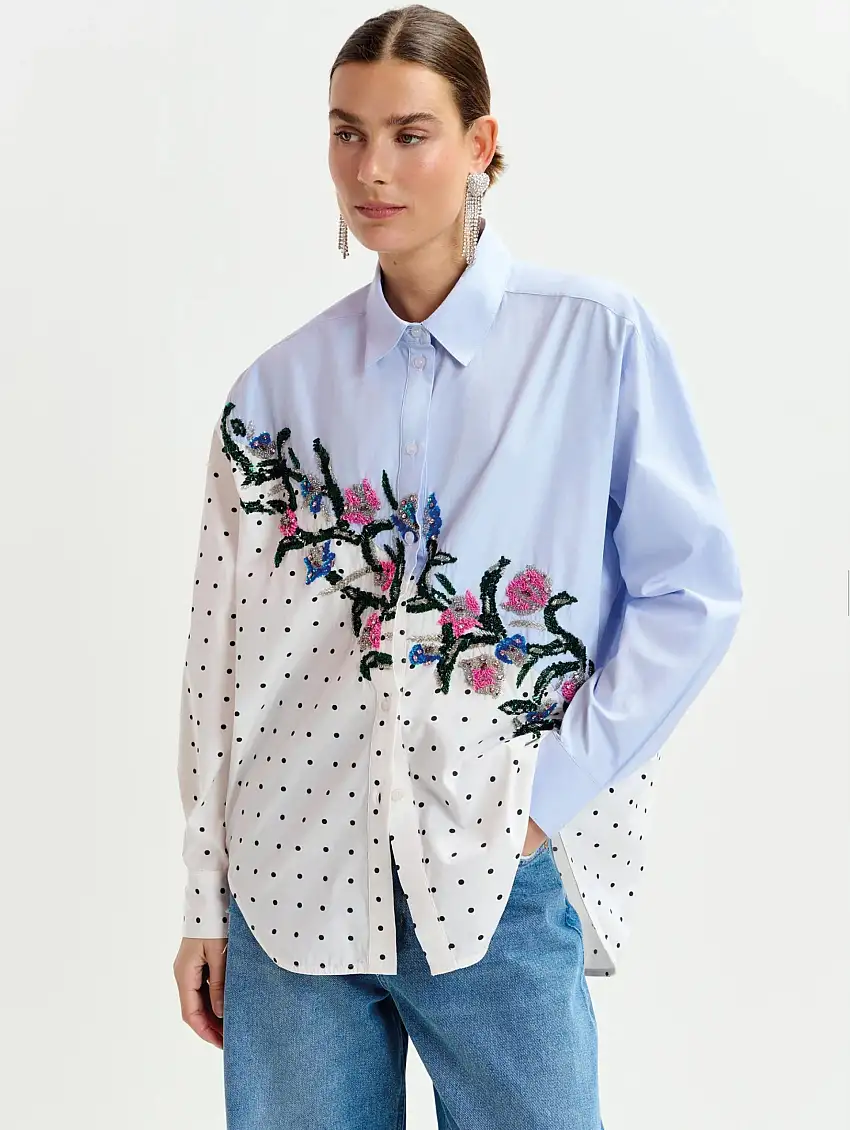 Camicia in Cotone Celeste e Pois con Paillettes Multicolor