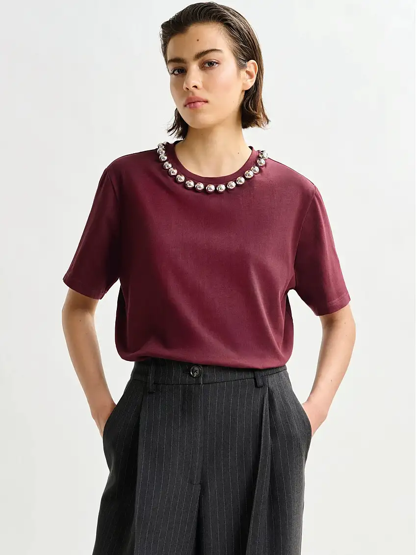 T-shirt Squadrata con Perline Bordeaux