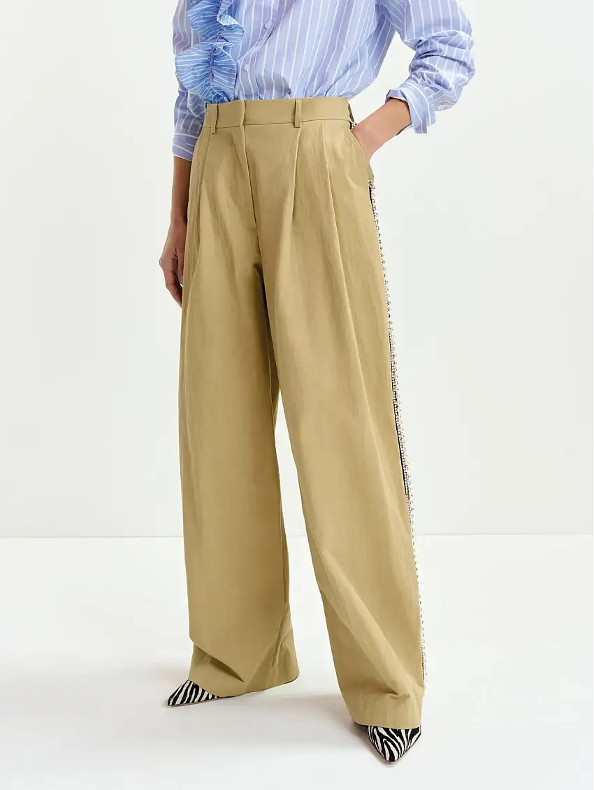 Pantaloni Ampi con Vita Alta e Pinces Beige