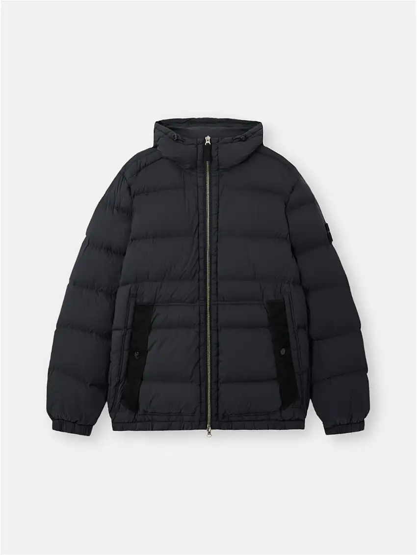 Piumino con Cappuccio in Nylon Stretch Nero