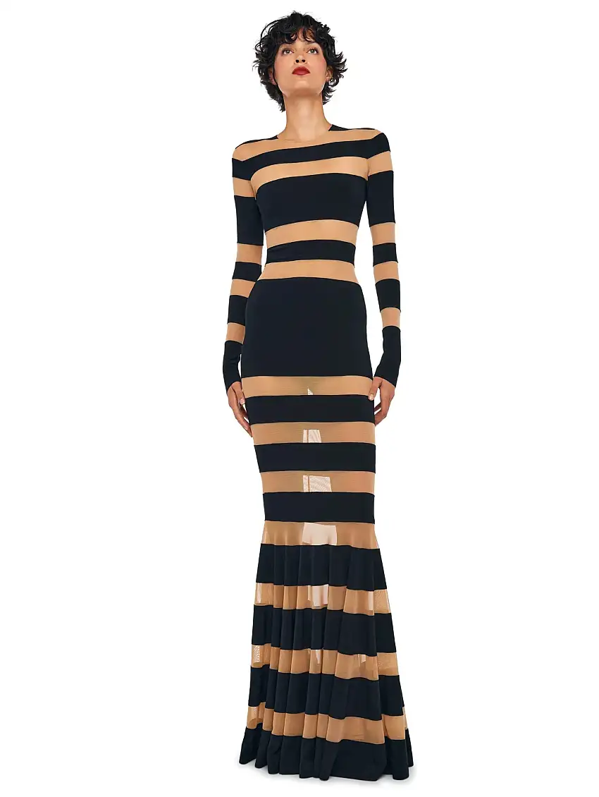 Abito Lungo con Inserti in Rete Nero/Nudo