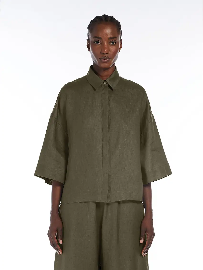 Camicia Cropped in Lino Mirano Verde Scuro