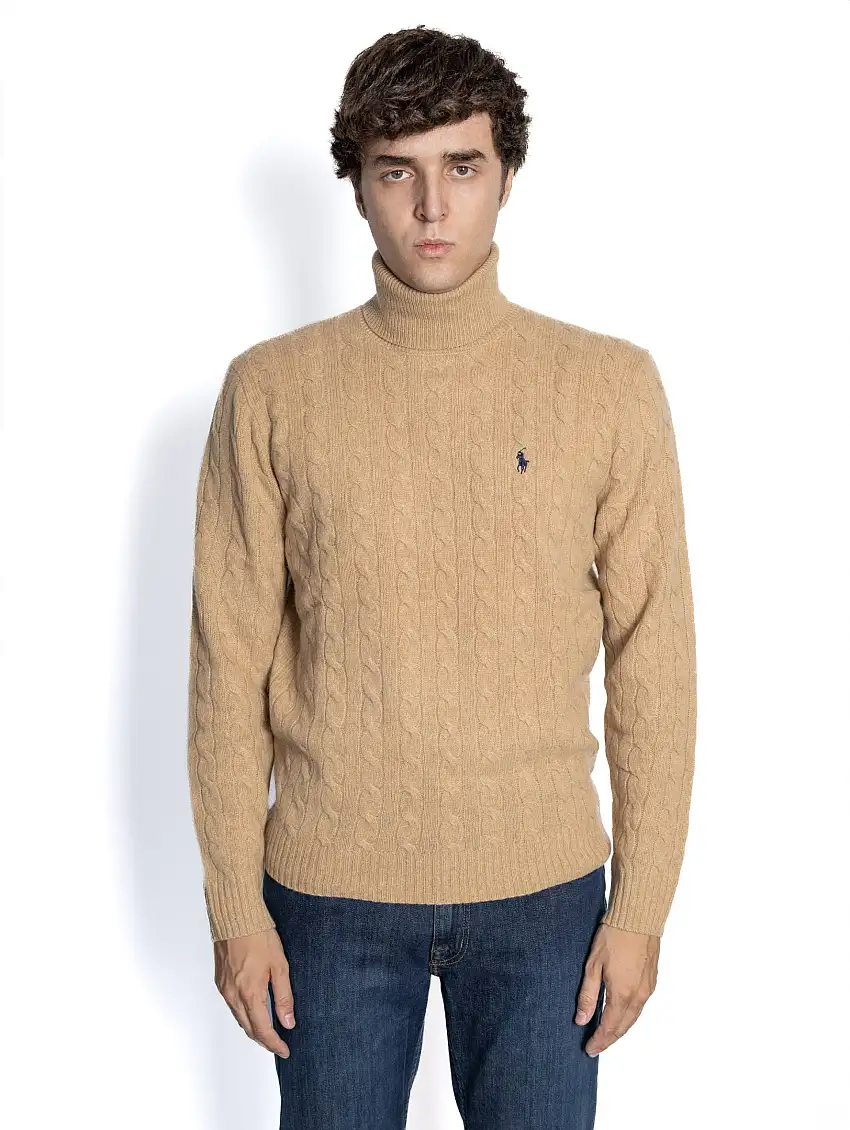 Maglia Collo Alto a Trecce Cammello