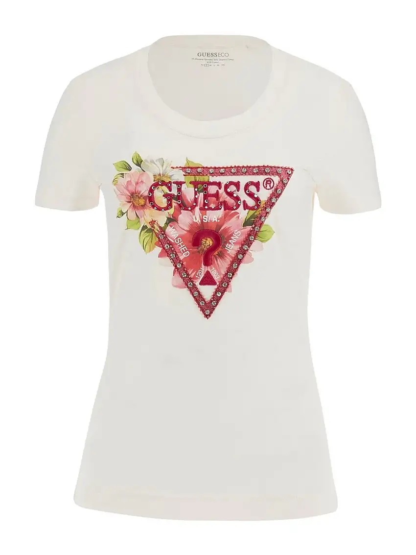 GUESS Women's T-shirt SS CN TRIANGLE BEADS TEE W5GI10 J1314 G012 White