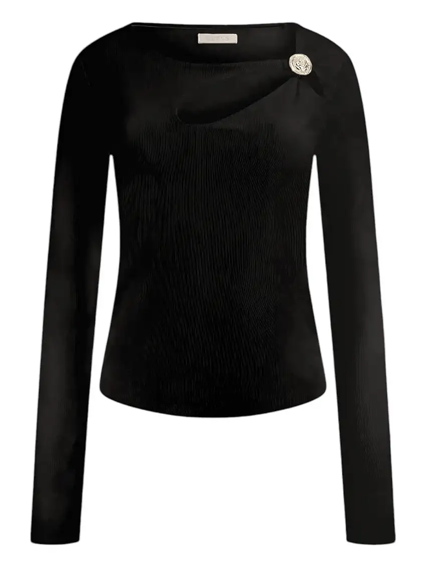 GUESS Women's Top LS ZAMA CUT OUT NECK TOP W5RP12 KAQL2 JBLK Black