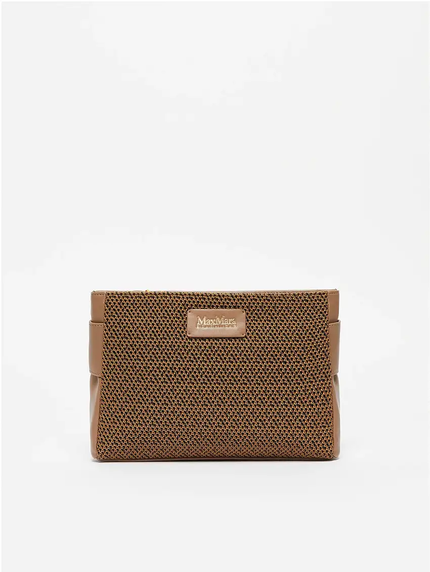 Pochette in Tessuto Spalmato Intrecciato Tiro Cammello/Nero