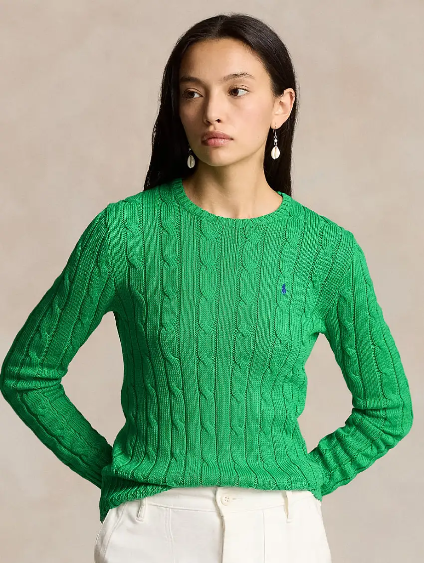 Maglia a Trecce in Cotone Verde Preppy