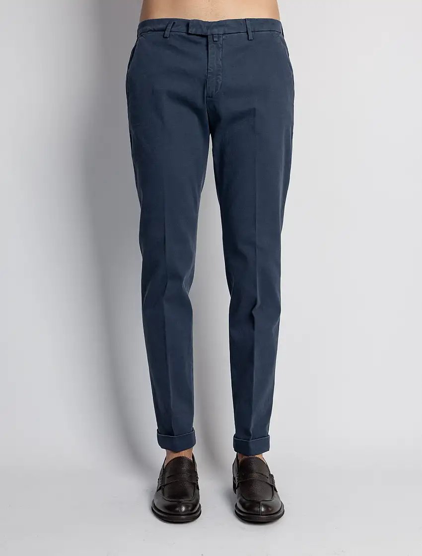 Pantaloni Slim Fit in Armatura di Cotone Blu Cina