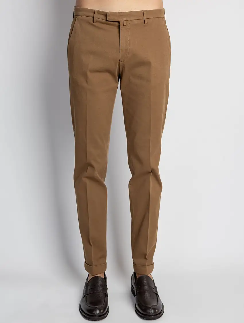 Pantaloni Slim Fit in Armatura di Cotone Tabacco
