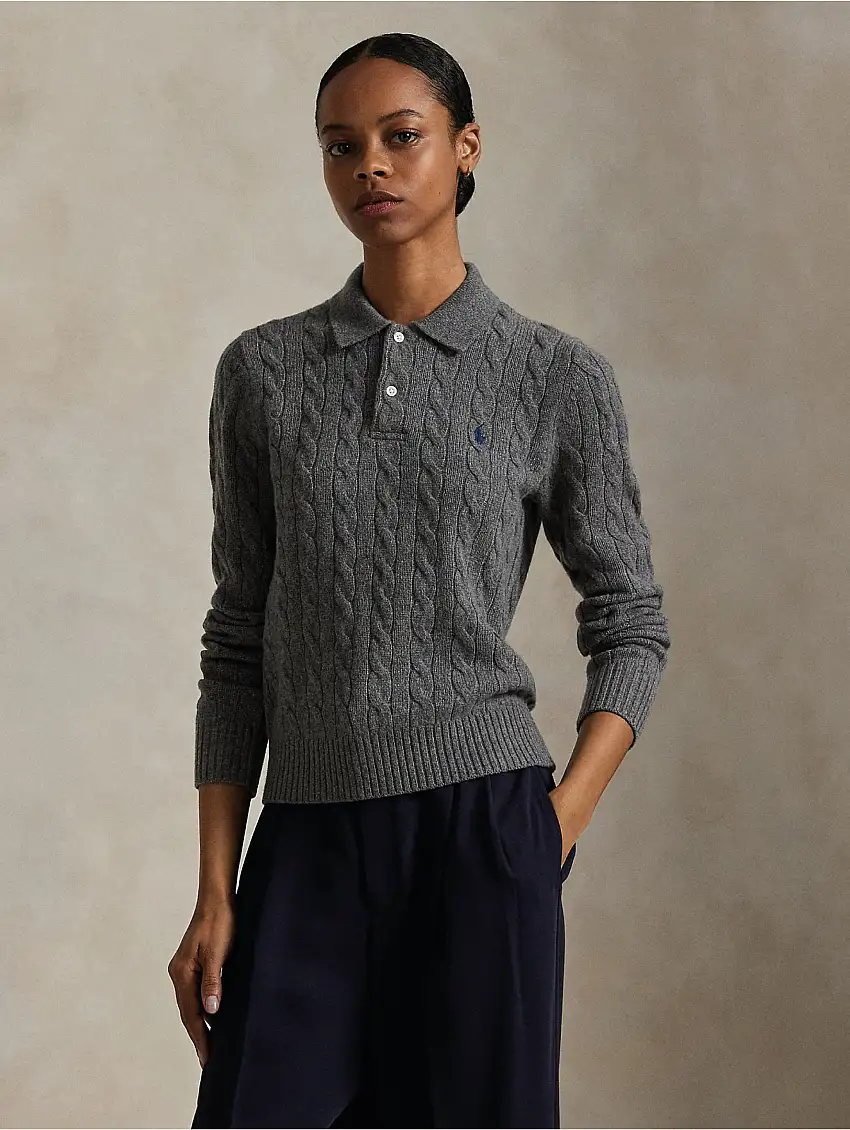 Maglia Polo a Trecce in Lana e Cashmere Grigio