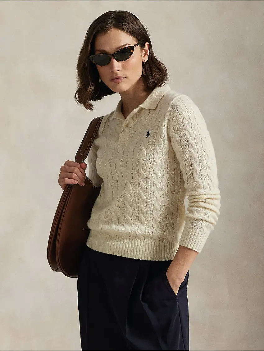 Maglia Polo a Trecce in Lana e Cashmere Crema