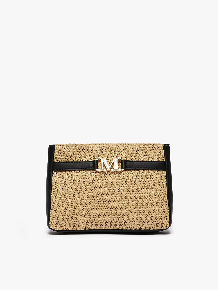Pochette in Rafia con Dettaglio Monogram Beige/Nero