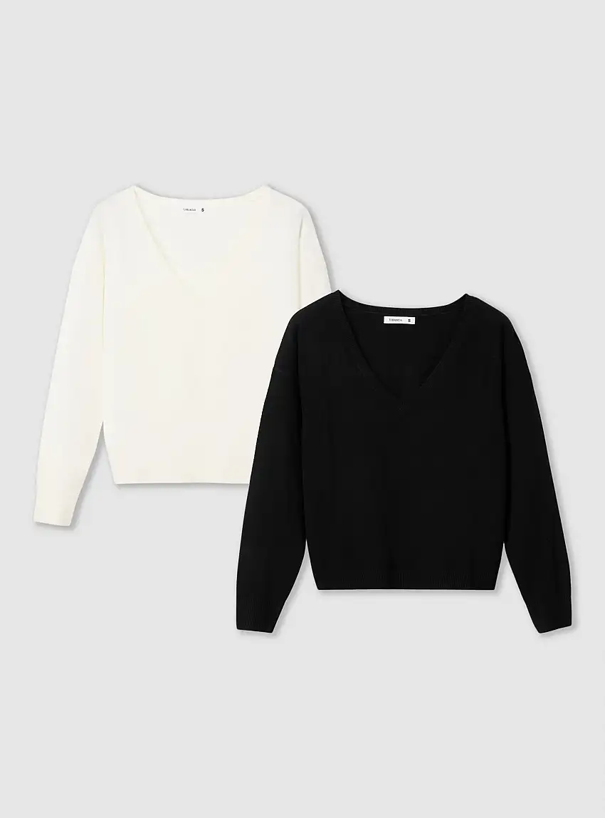 Pack 2 maglie scollo a V a tinta unita 1x Nero, 1x Bianco