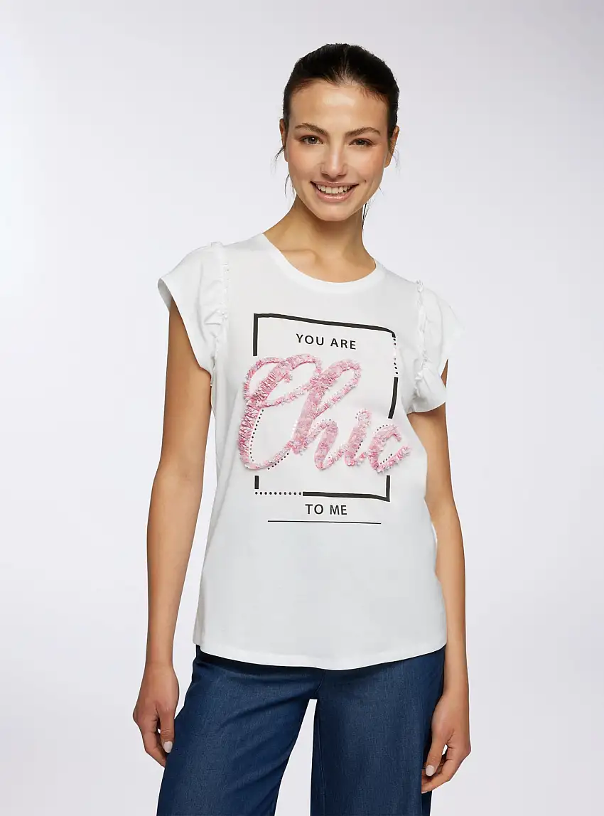 T-shirt con maniche farfalla e applicazioni Bianco ottico