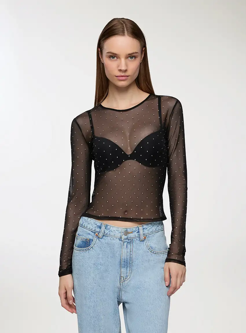 T-shirt in tulle con borchie Nero