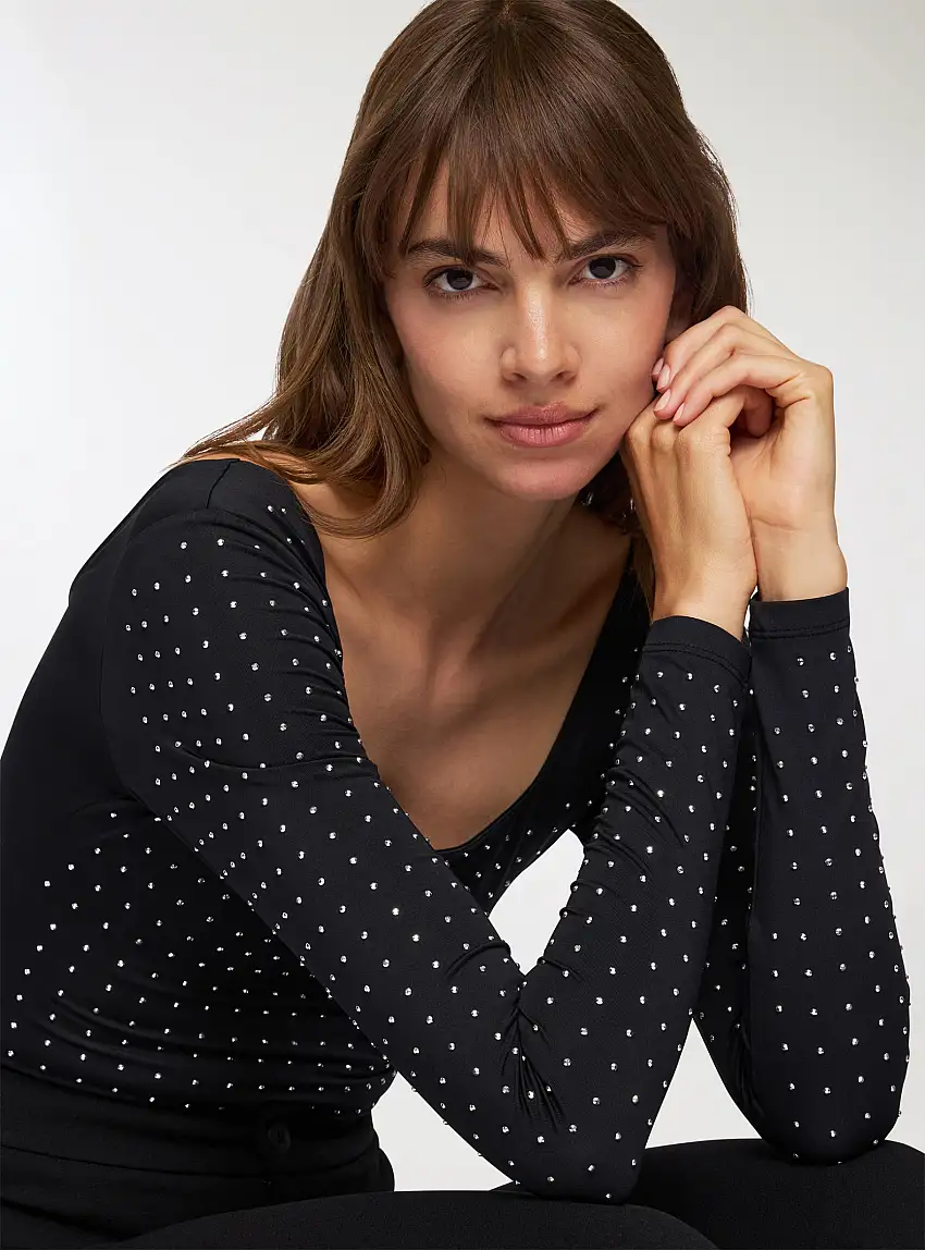 Body scollo quadrato con strass Nero