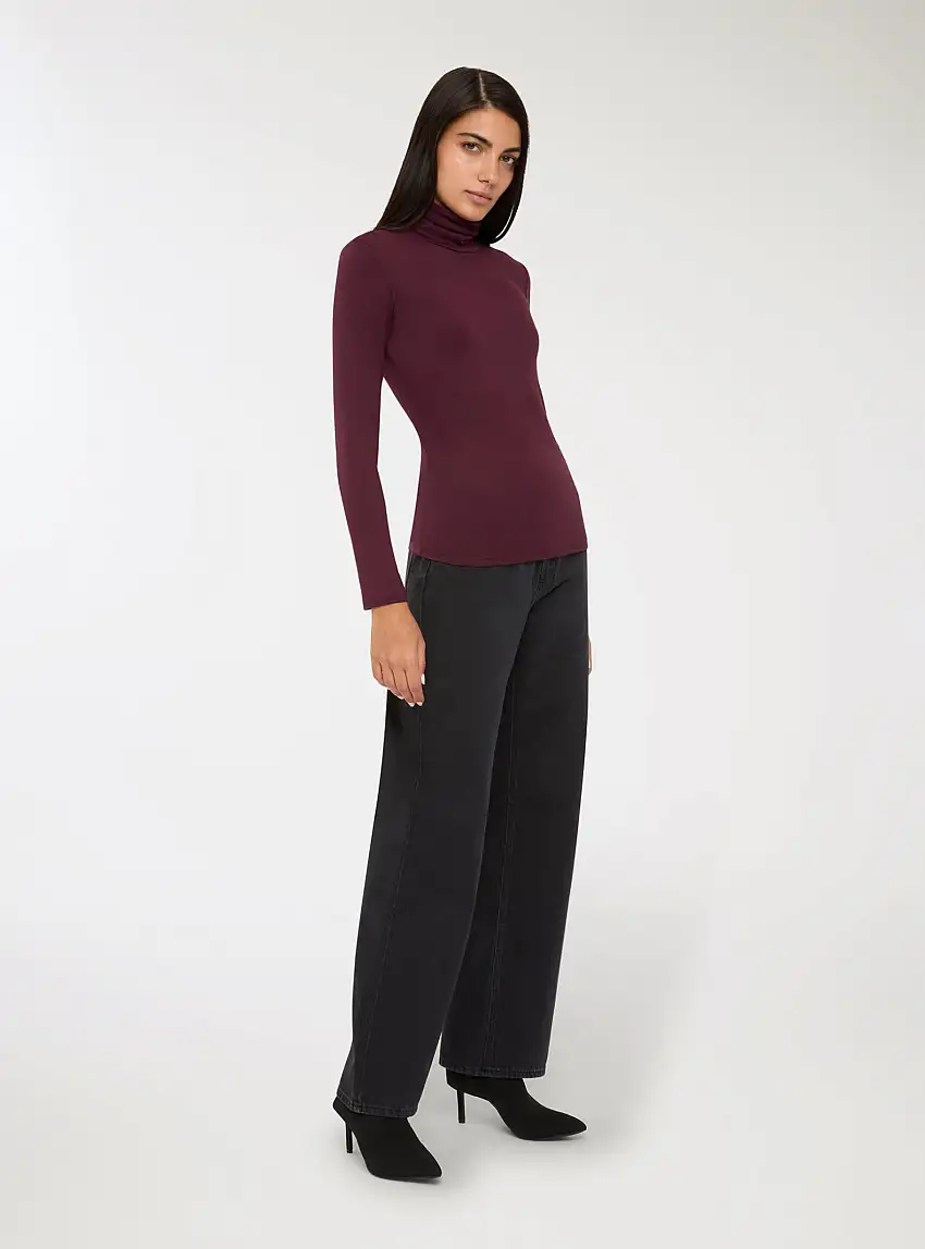 T-shirt basic maniche lunghe a lupetto Prugna