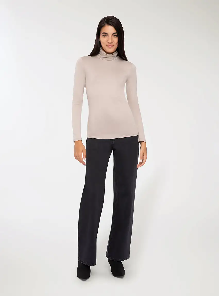 T-shirt basic maniche lunghe a lupetto Tortora