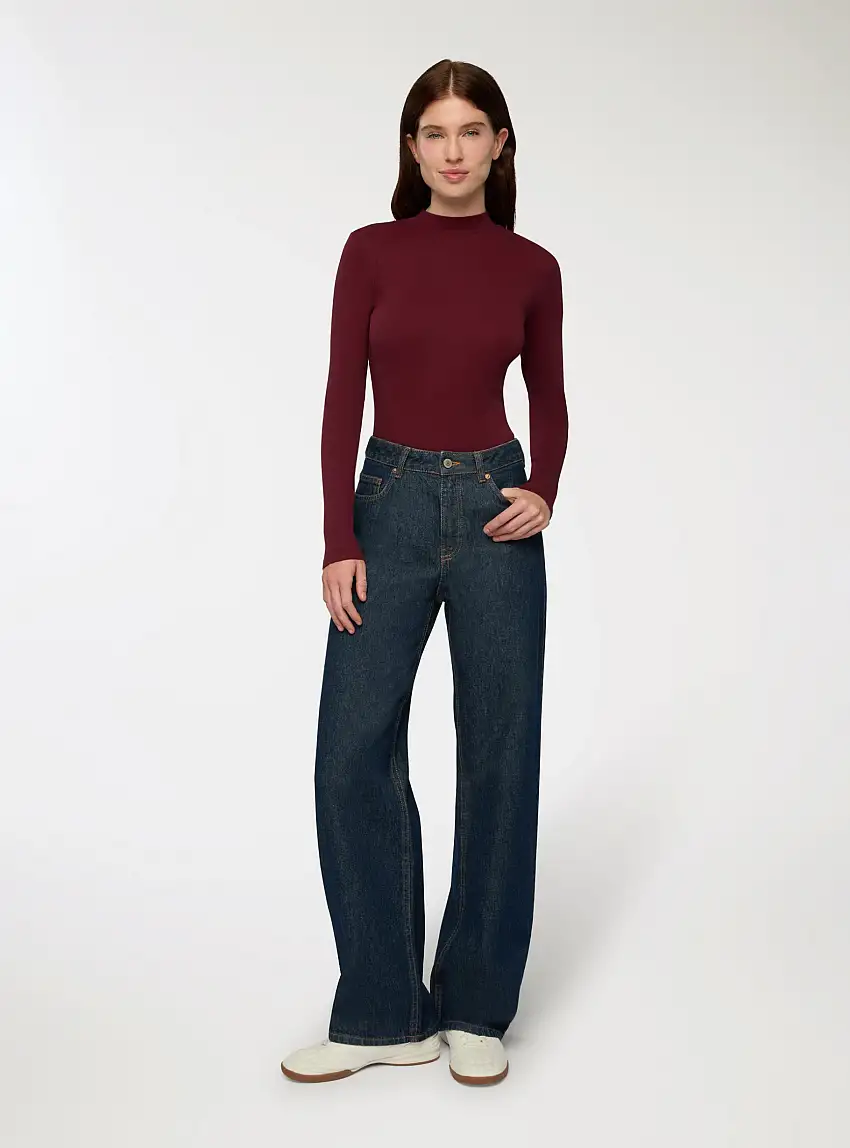 T-shirt maniche lunghe lupetto a costine Bordeaux