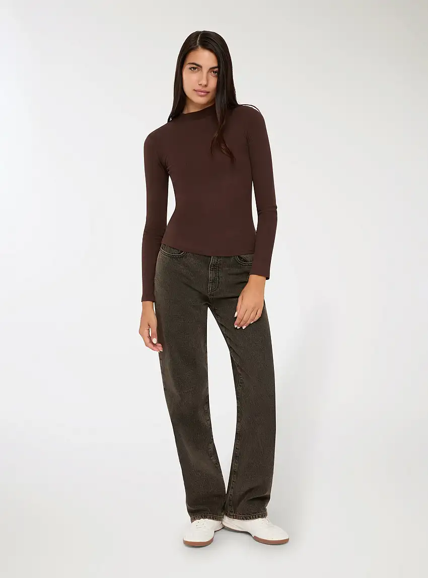 T-shirt maniche lunghe lupetto a costine Marrone scuro