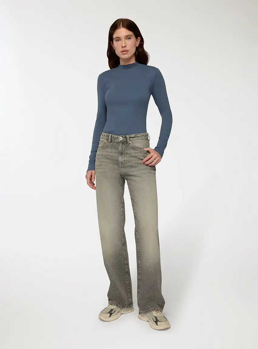 T-shirt maniche lunghe lupetto a costine Blu polvere