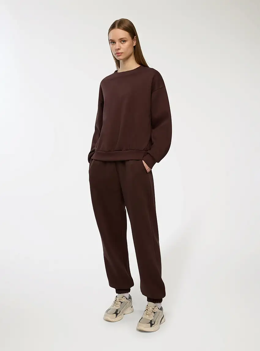 Pantaloni tuta vita alta con polsini Marrone scuro