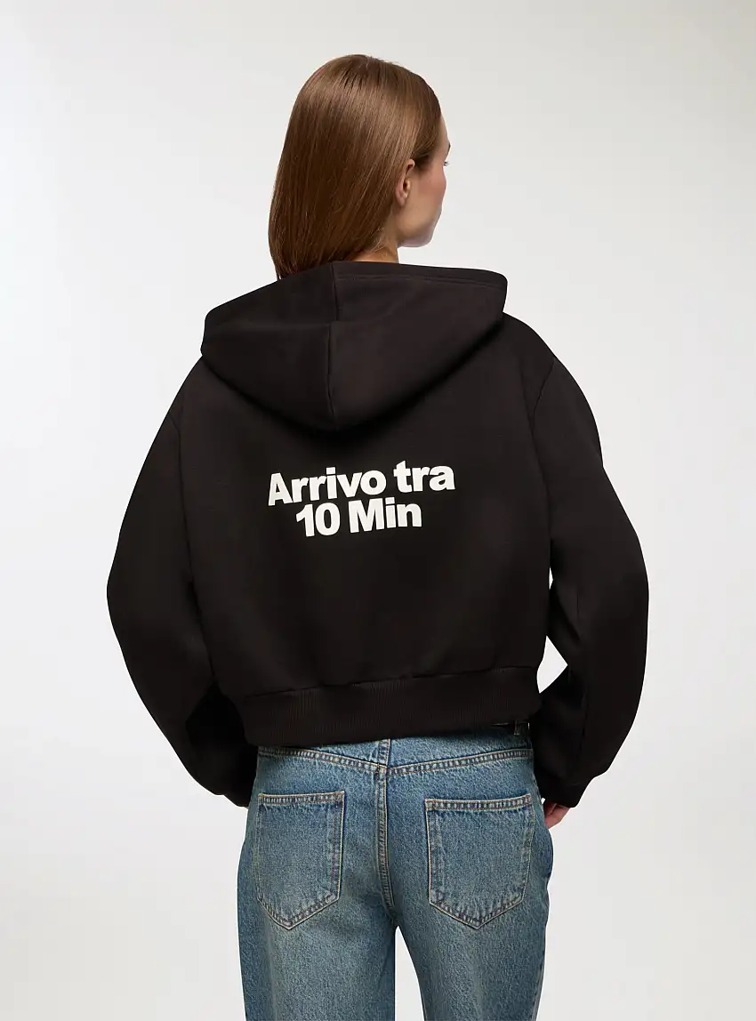 Felpa crop scritta fronte/retro con cappuccio Nero