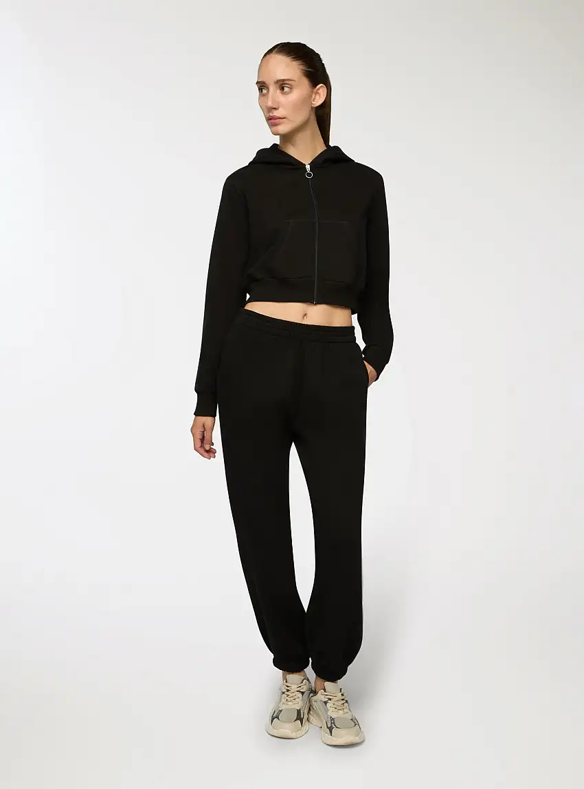 Felpa crop con cappuccio e zip Nero