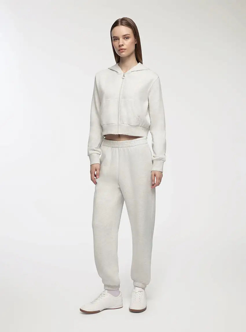 Felpa crop con cappuccio e zip Avorio melange