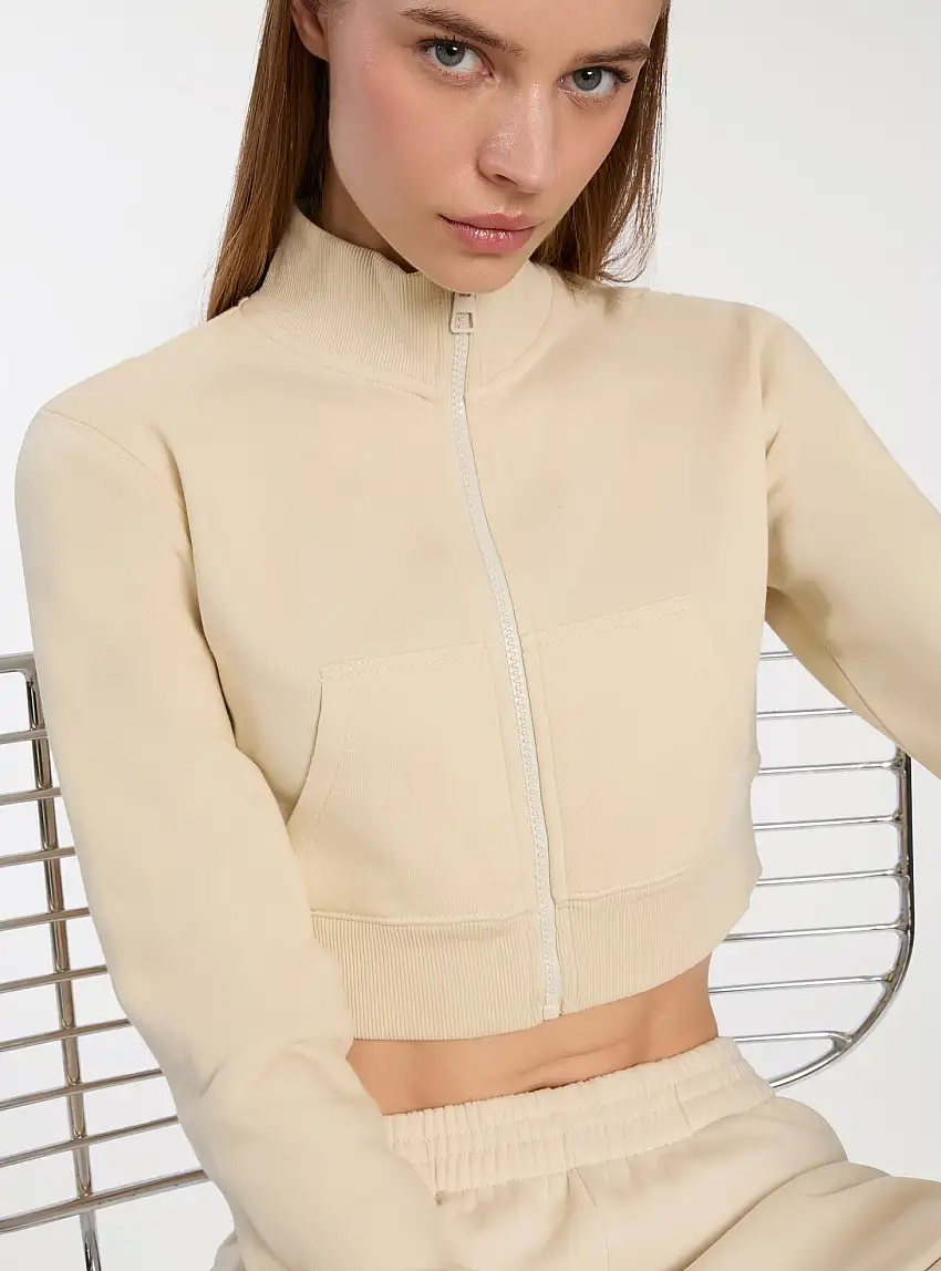 Felpa crop con zip girocollo Avorio