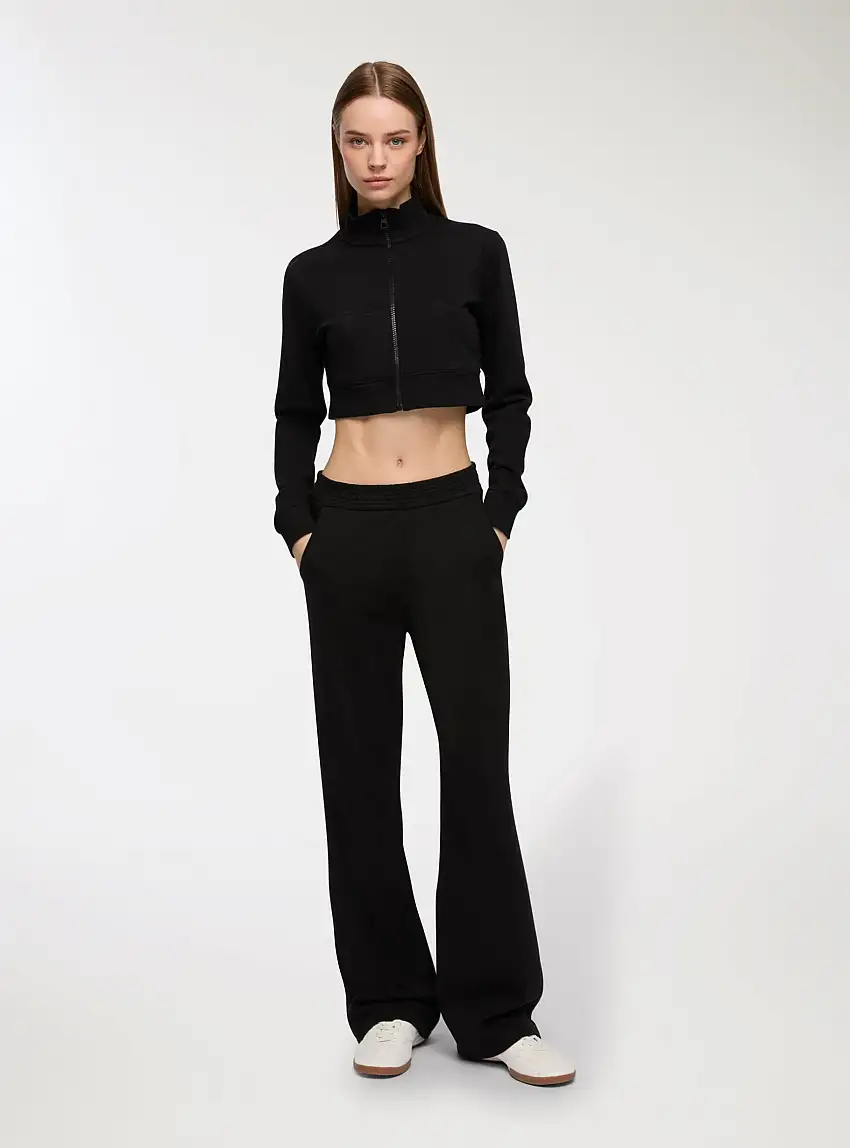 Felpa crop con zip girocollo Nero