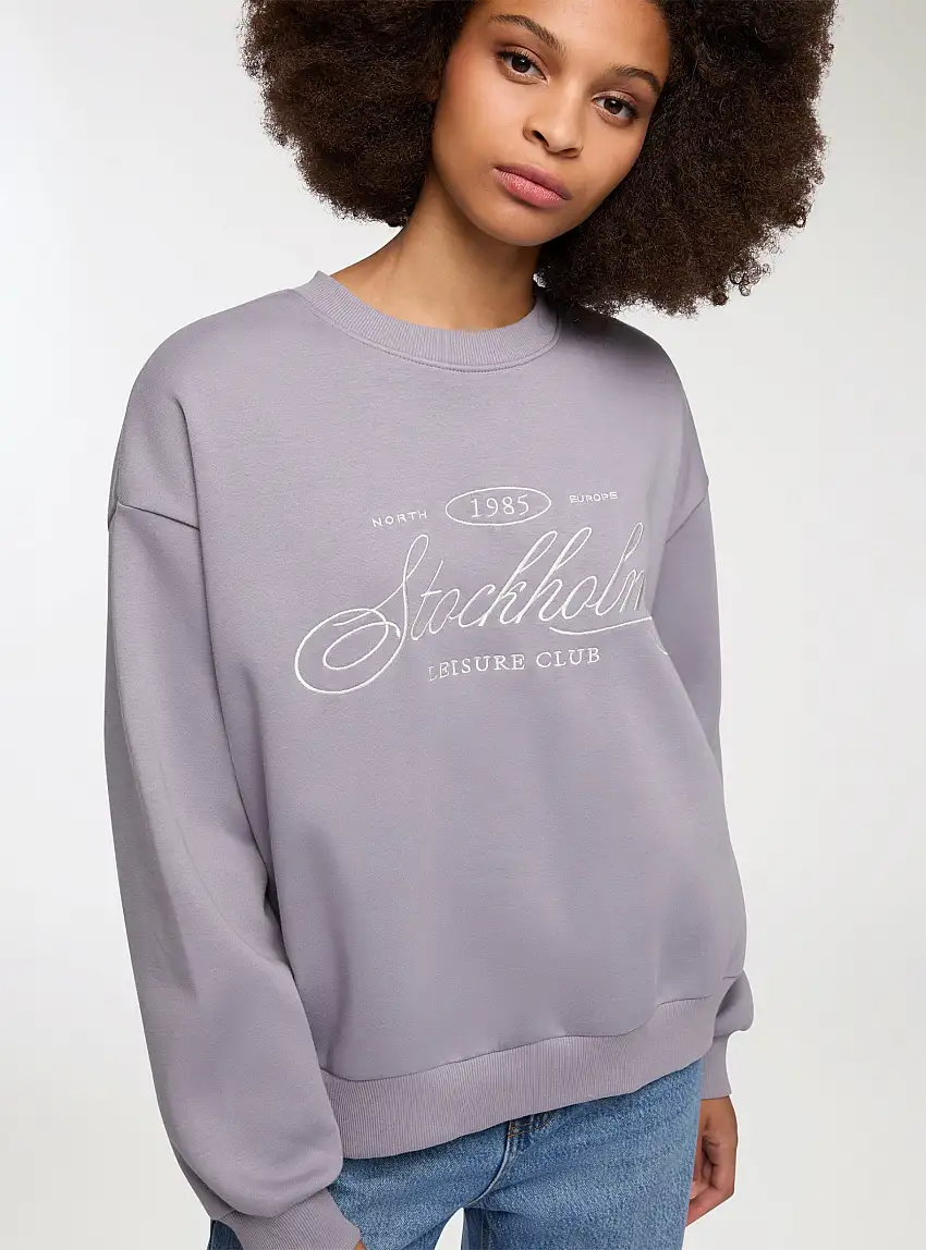 Felpa con scritta ricamata girocollo Blu denim