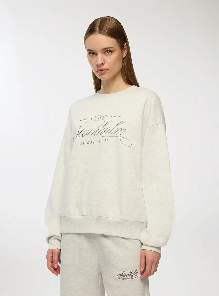 Felpa con scritta ricamata girocollo Avorio melange