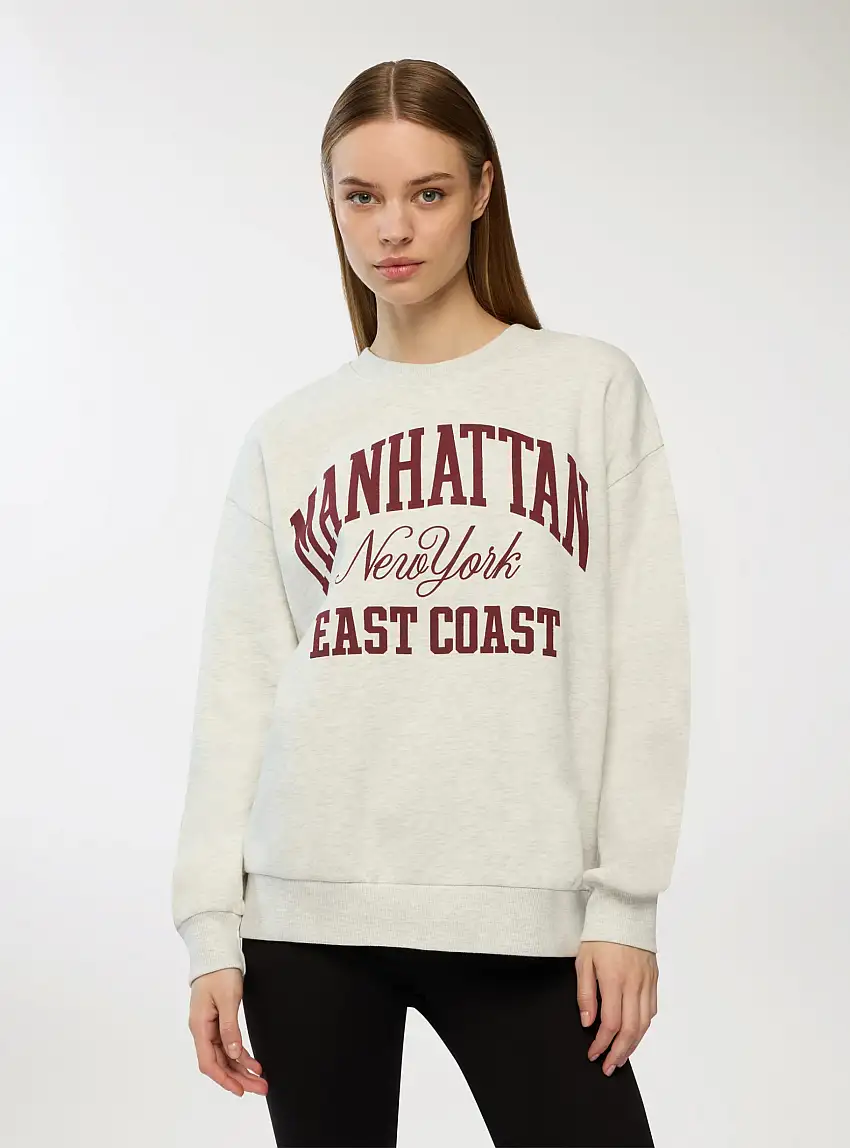 Felpa stampa college girocollo Avorio melange