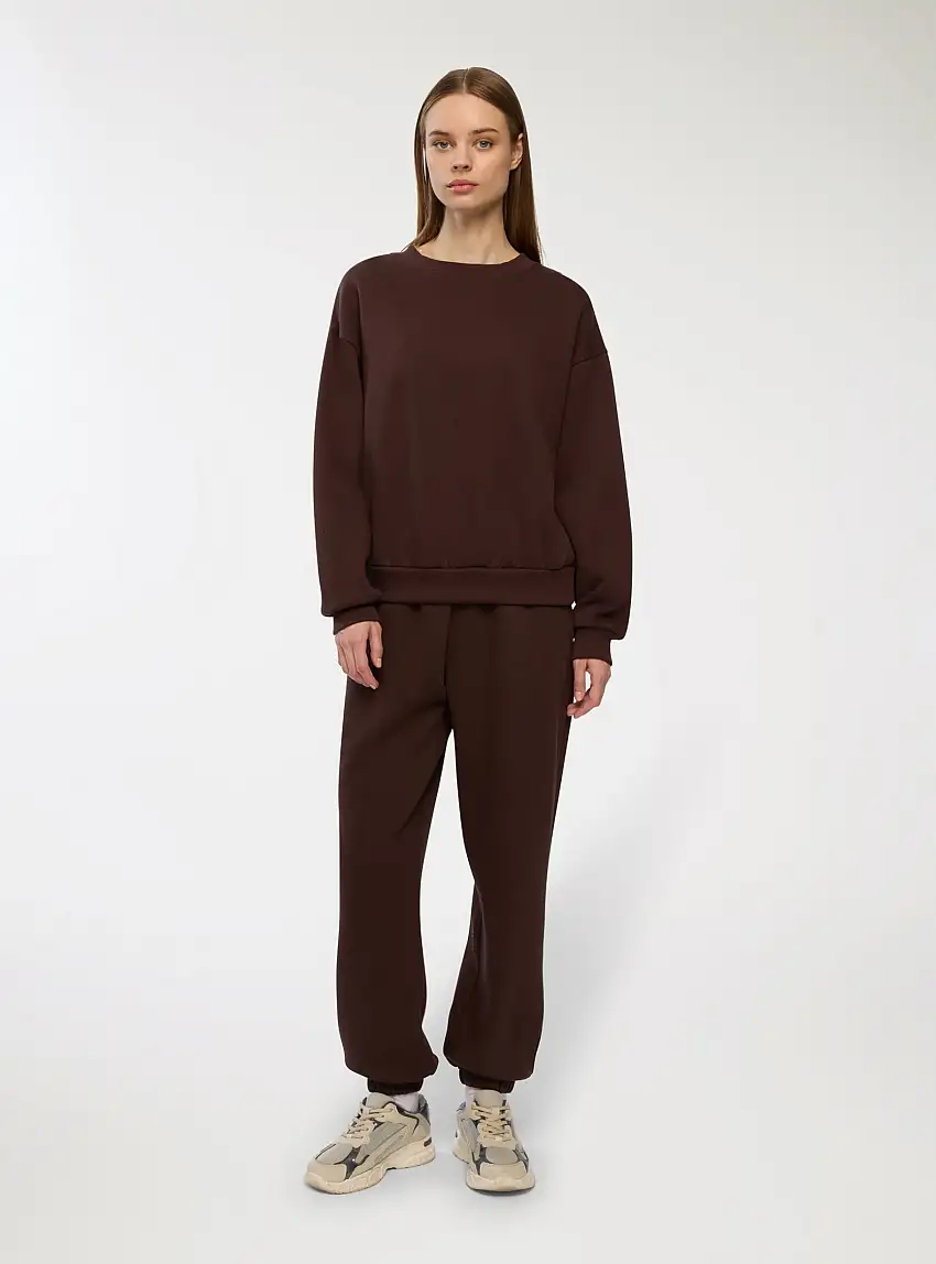 Felpa basic girocollo e senza zip Marrone scuro