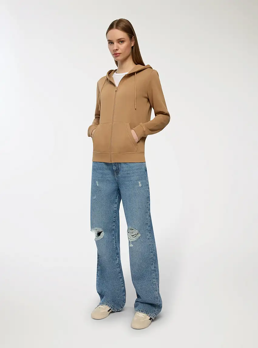 Felpa basic con cappuccio e zip Beige