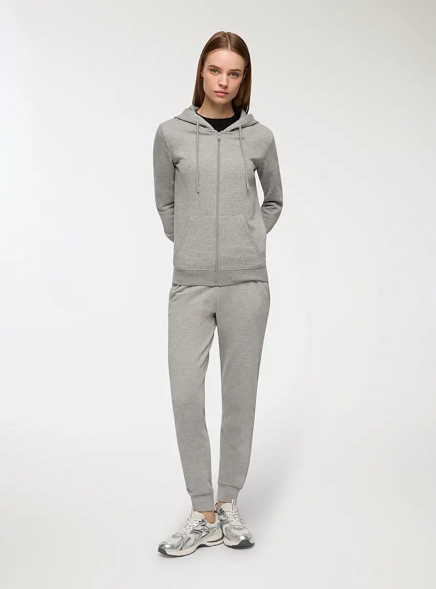 Felpa basic con cappuccio e zip Grigio medio melange