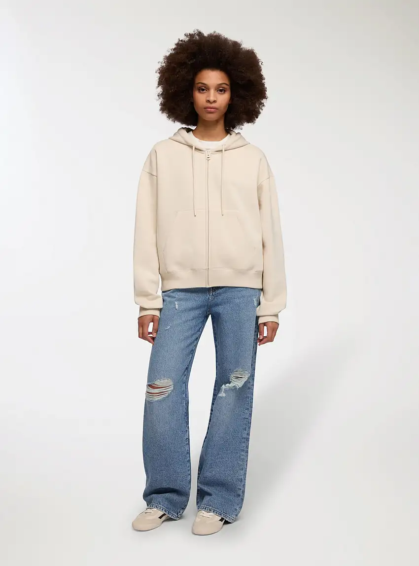 Felpa over con cappuccio e zip Avorio