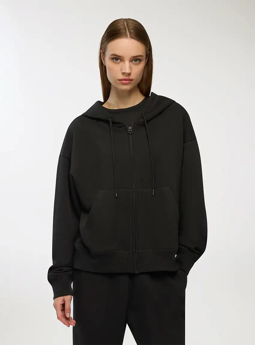 Felpa over con cappuccio e zip Nero